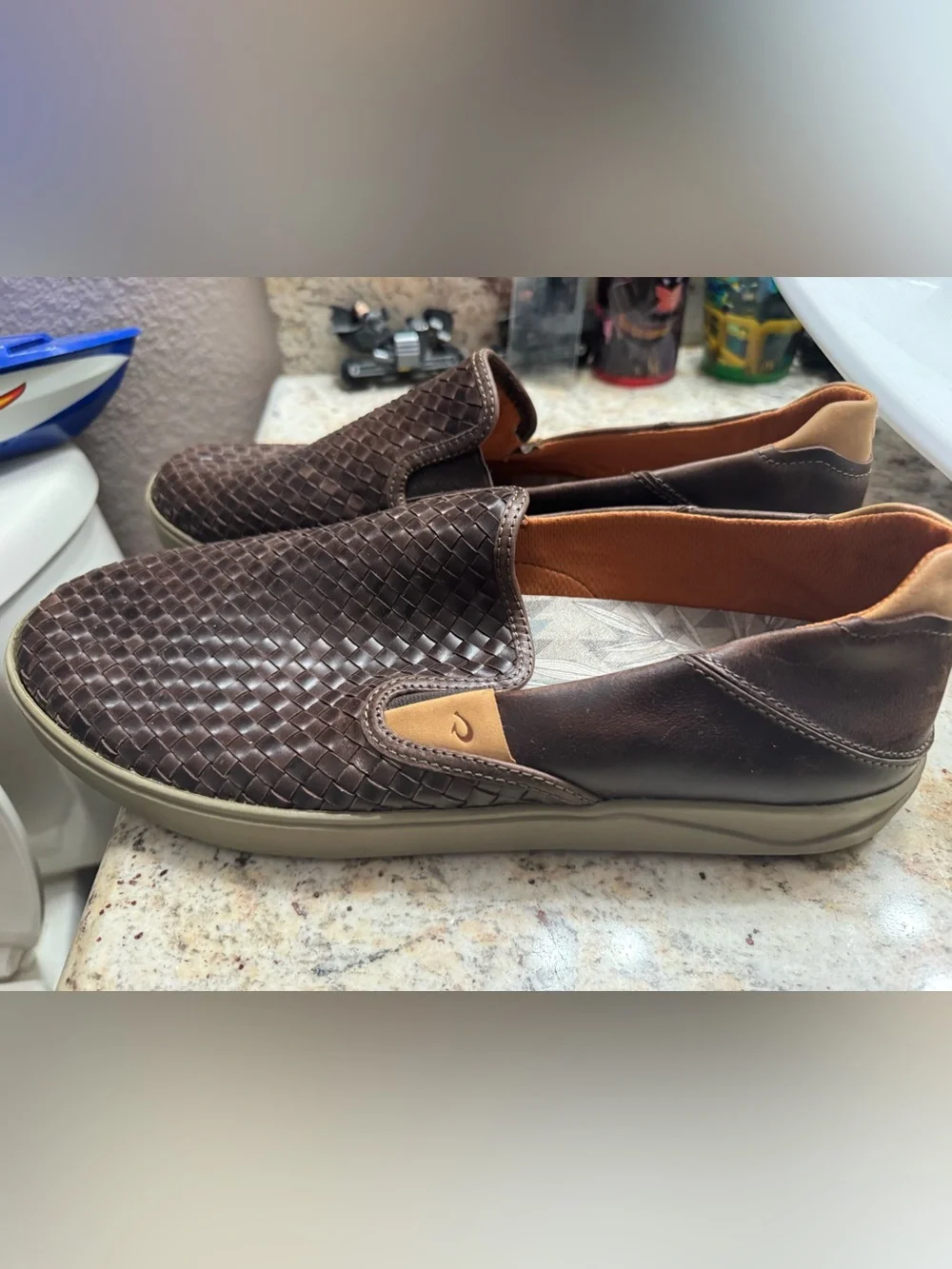 OluKai Lae‘ahi Lauhala Woven Leather Shoes Dark Java Mens Size 14 EUR 47